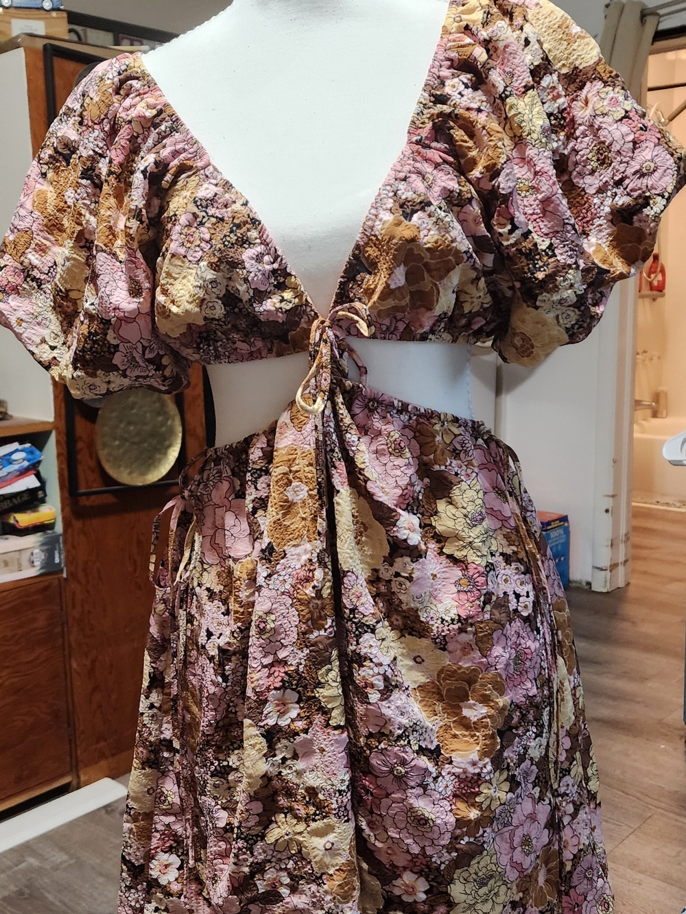 Forever 21 Pink, Brown & Cream Floral Tie-Front Two-Piece